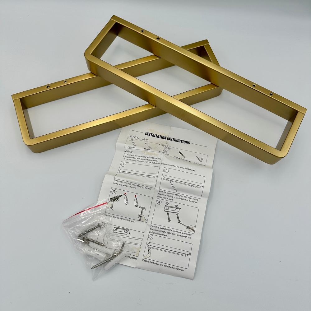 Set of 2 Brushed Gold Modern Rectangular Wall Mounted Towel Racks 12 Inch